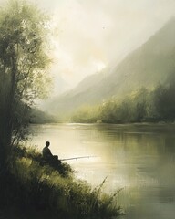 A man is sitting by a river, fishing