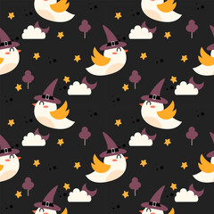 White bird cartoon so cute. On tree moon cloud star black background. Pattern seamless vector illustration. 