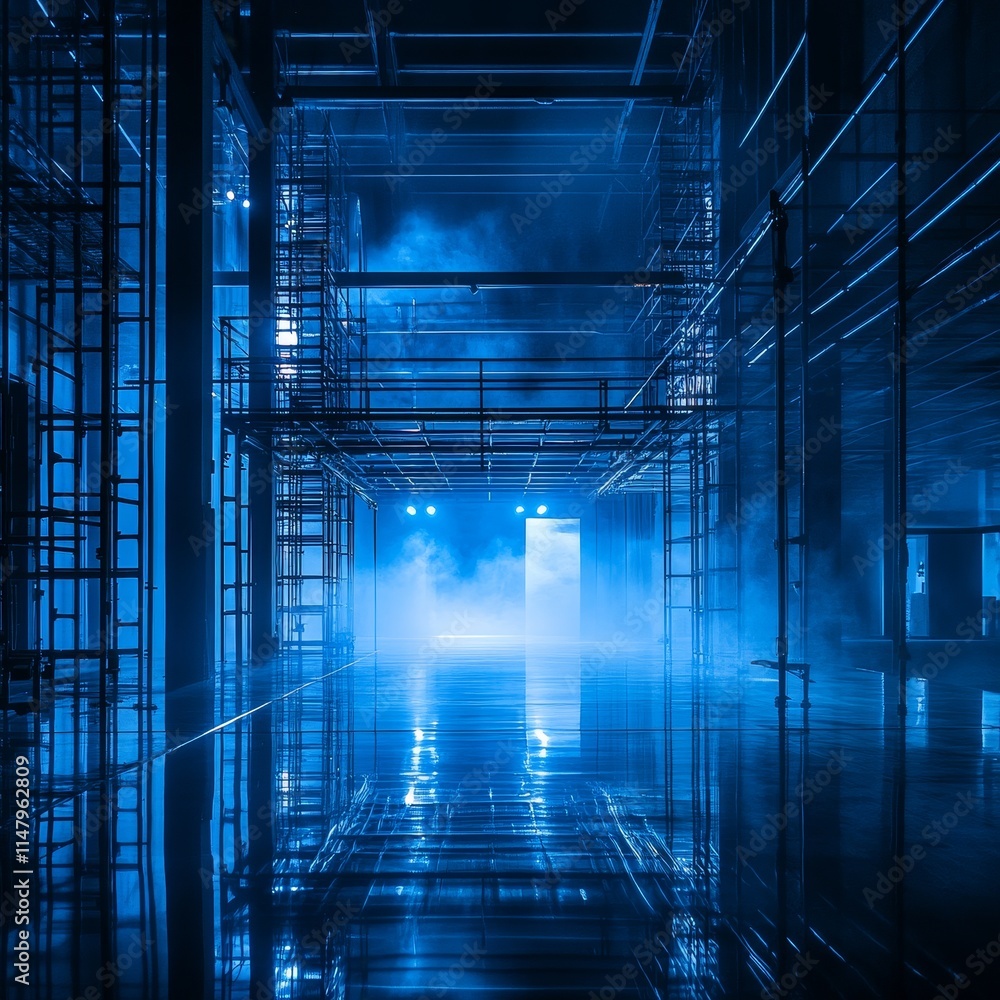 Poster mysterious blue industrial space with mist and reflections, creating an atmosphere of intrigue and d