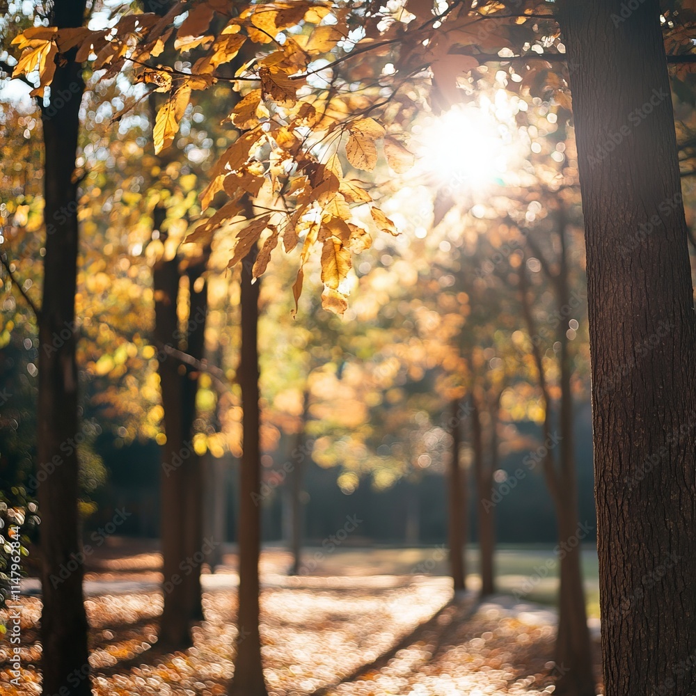 Poster sunlight filtering through autumn leaves in a park creating a warm and tranquil atmosphere during a 