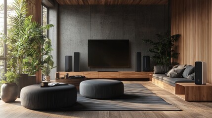 imagine prompt: industrial manufactured minimalist wireless speakers in a sleek, mo