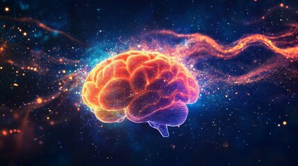 Vibrant Brain Illustration Showcasing Neural Connections and Cosmic Elements in a Digital Artwork Representation of Thought and Creativity
