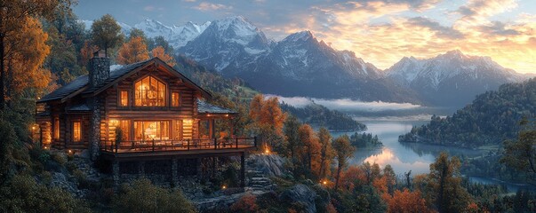 Rustic log cabin nestled in autumn mountains overlooking a tranquil lake