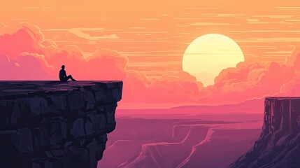 A person is sitting on a cliff overlooking a beautiful sunset