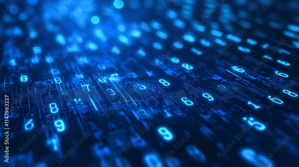 Poster digital data stream showcasing vibrant blue numbers flowing in a futuristic environment during a hig