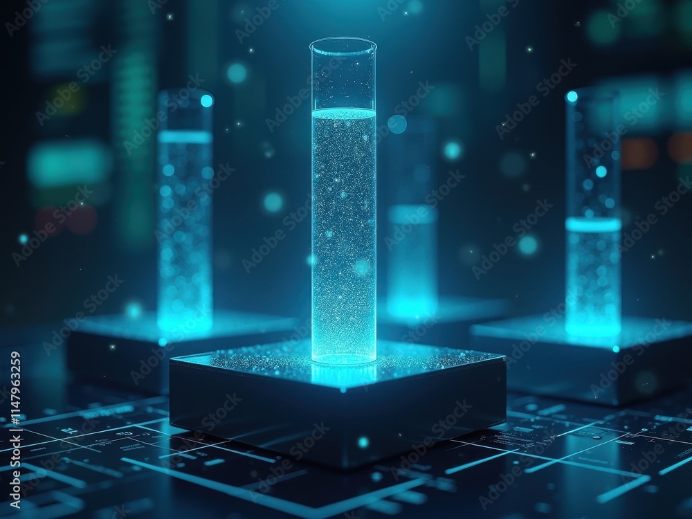 Poster three test tubes containing luminous, sparkling liquid positioned on a futuristic lab table with a d