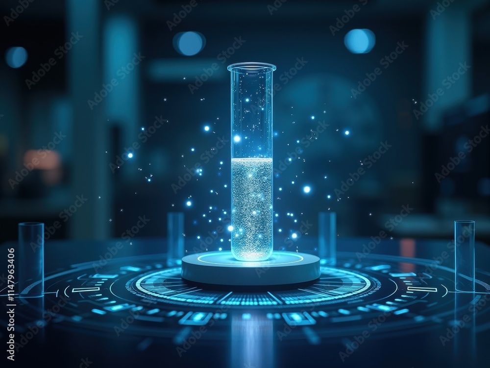 Aufkleber conceptual representation of a scientific experiment with glowing liquid in a test tube in a modern 