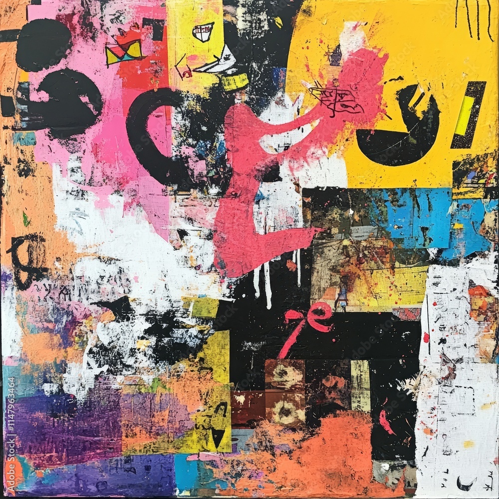 Poster colorful abstract artwork featuring bold shapes and vibrant brush strokes in a mix of media and text