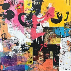 Fototapeta premium Colorful Abstract Artwork Featuring Bold Shapes and Vibrant Brush Strokes in a Mix of Media and Textures Displayed in an Art Gallery Setting