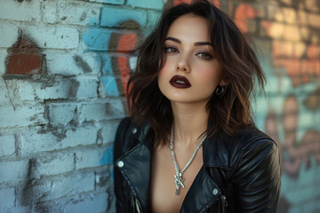 Obraz premium A young woman with dark hair and dark lipstick poses against a graffiti-covered brick wall, wearing a black leather jacket.