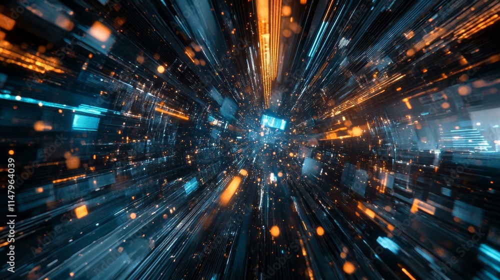 Poster abstract representation of digital data stream with glowing particles in a vibrant blue and orange c