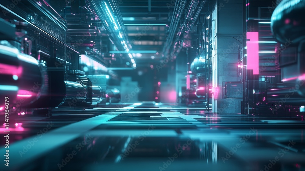 Poster exploring a futuristic corridor with glowing elements and sleek surfaces at dusk in a high-tech envi