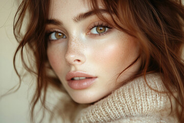 Naklejka premium Close-up portrait of a young woman with freckles and auburn hair, wearing a beige sweater.