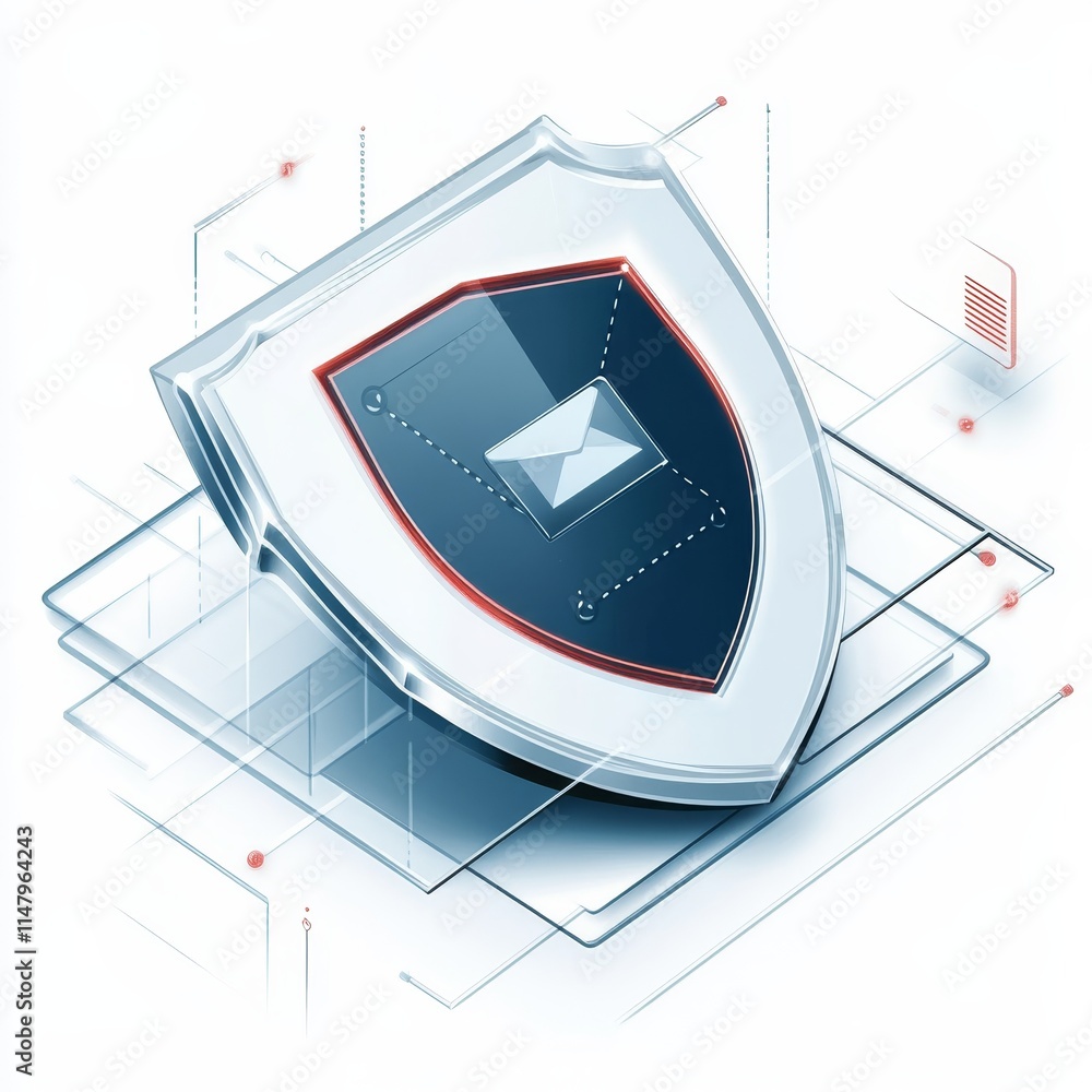 Poster digital security shield symbolizing email protection with interconnected technology elements in a mo