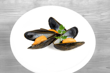 trois moules avec coquille  présentées sur assiette blanche