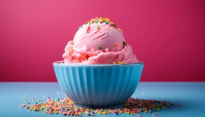 A scoop of pink ice cream with colorful sprinkles is in a blue bowl against a bright pink background