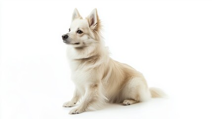 Naklejka premium Elegant white dog sitting gracefully on a light background