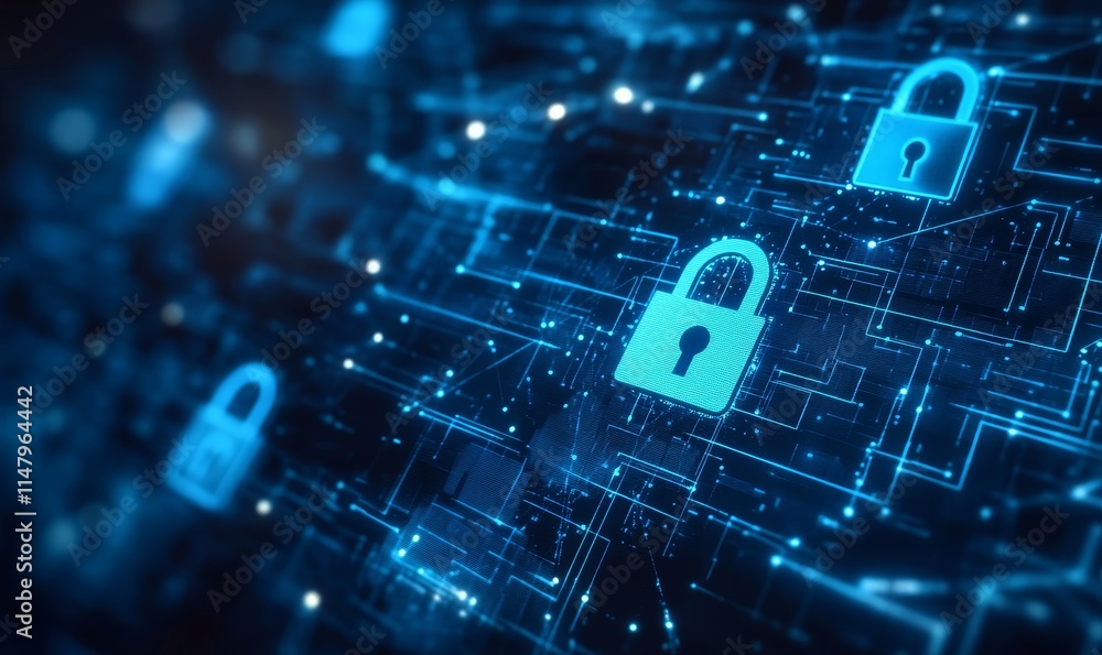 Aufkleber digital security concept featuring glowing padlocks on a network background with circuits and data s