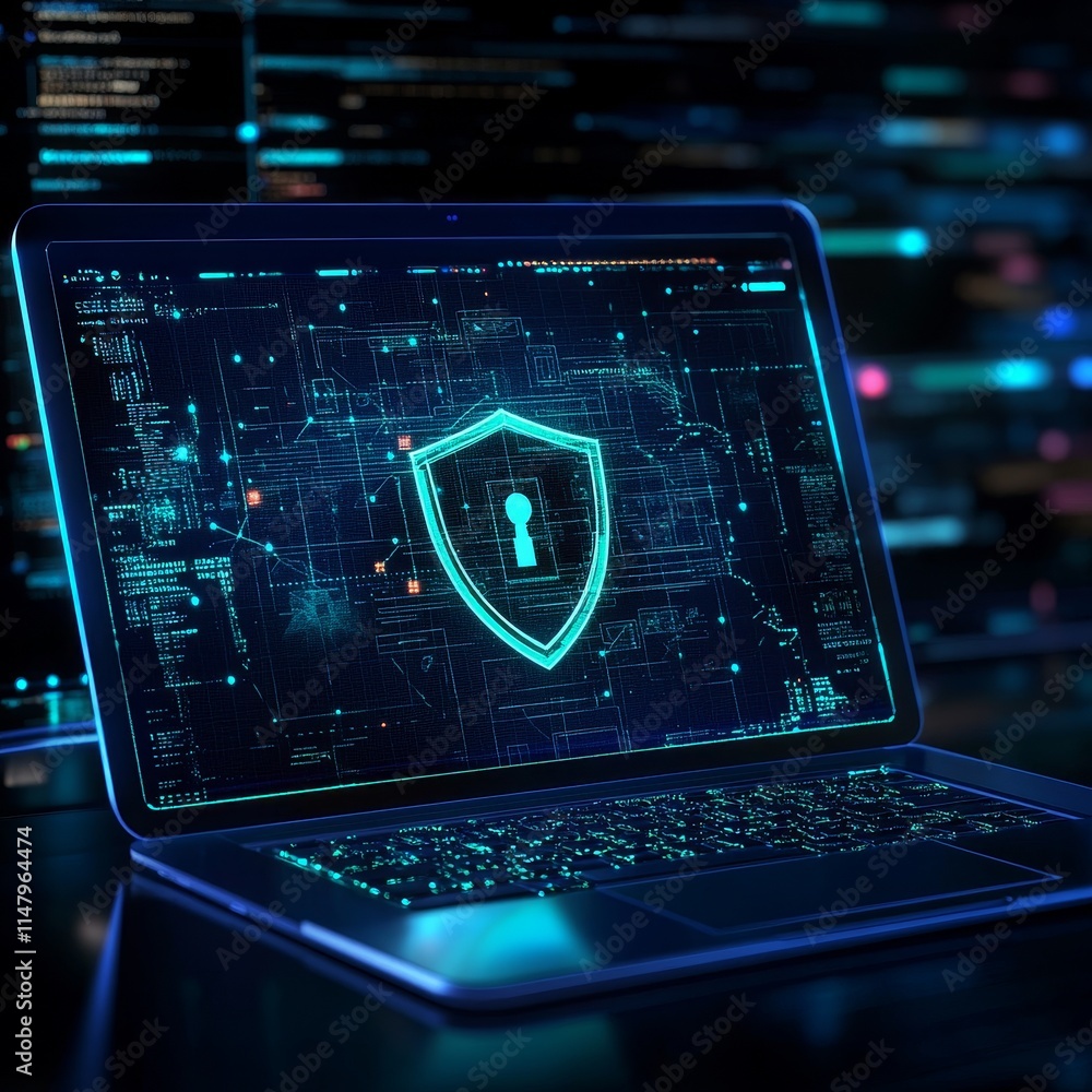 Poster digital security interface displayed on a laptop with glowing shield and keyhole design in a dark en