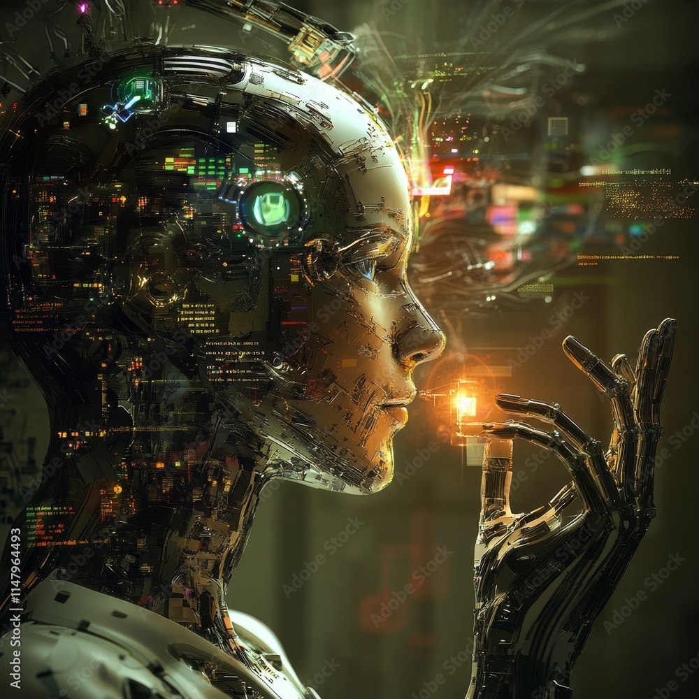 Poster robot exploring digital consciousness at night in a futuristic setting with glowing data streams and
