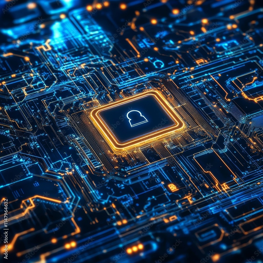 Poster digital circuit board with a glowing lock symbol representing cybersecurity concepts and technology 