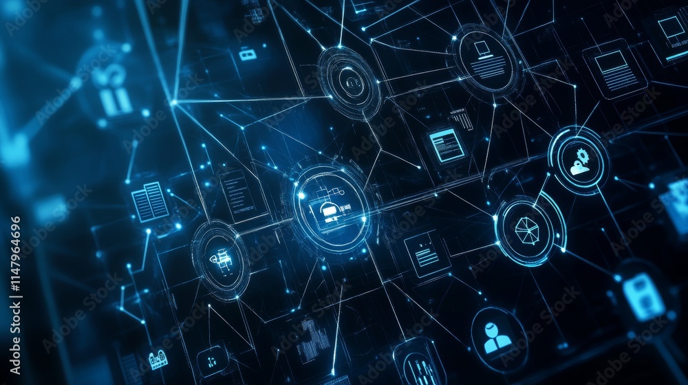 Poster exploring the digital network with interconnected icons representing data, technology, and communica