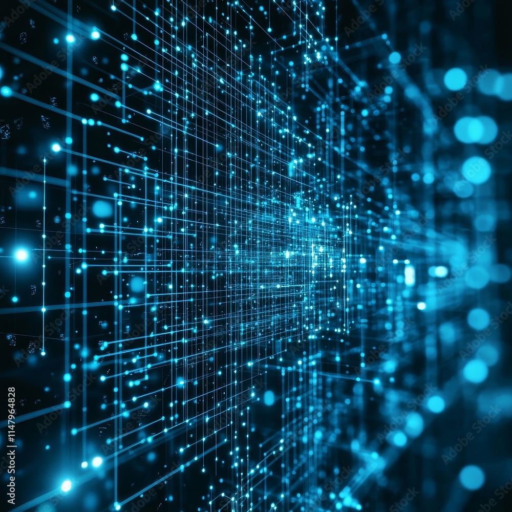 Poster digital network connections create a vibrant blue grid of lights representing data flow in a futuris