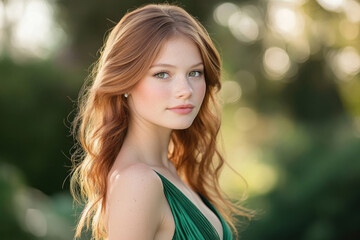 Naklejka premium A beautiful young redhead woman with freckles, wearing a green dress, looks directly at the camera in a serene outdoor setting.