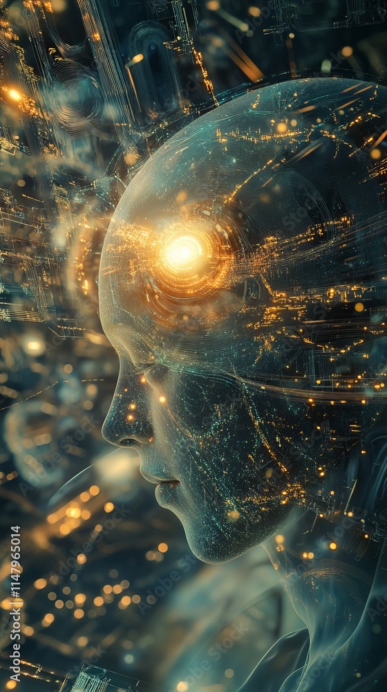 Poster digital representation of a human head with glowing elements symbolizing technology, data processing