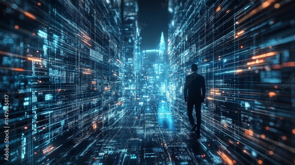 Poster walking through a futuristic cityscape filled with glowing data streams and towering digital structu
