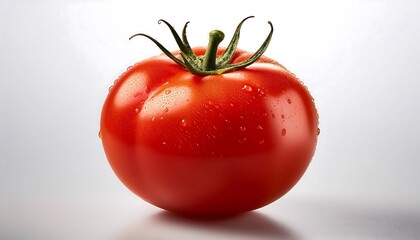 A single red tomato with water droplets sits against a plain white background.