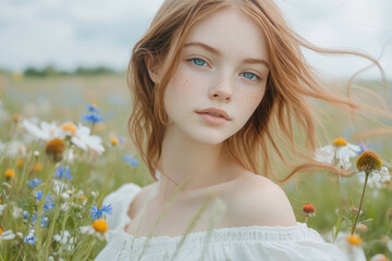 A freckled redhead with blue eyes, wearing a white dress, stands in a field of wildflowers.