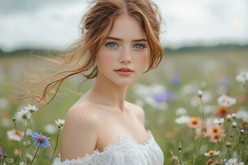 A young woman with freckles and blue eyes, wearing a white off-shoulder dress, stands in a field of wildflowers.