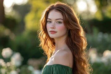 Naklejka premium A young woman with long, wavy auburn hair, freckles, and rosy cheeks, smiles gently outdoors.