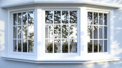 A bright bay window with greenery, providing a serene outdoor view.