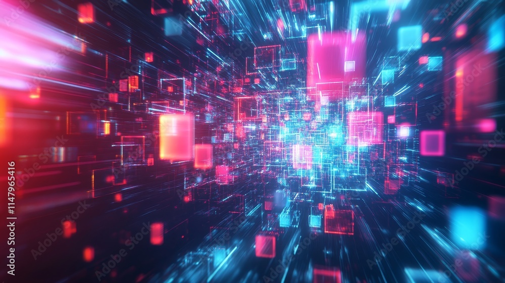 Fototapete Colorful Digital Abstraction Creates Vibrant Visual Experience in a Futuristic Environment Showcasing Movement and Depth Through Glowing Shapes and Lines