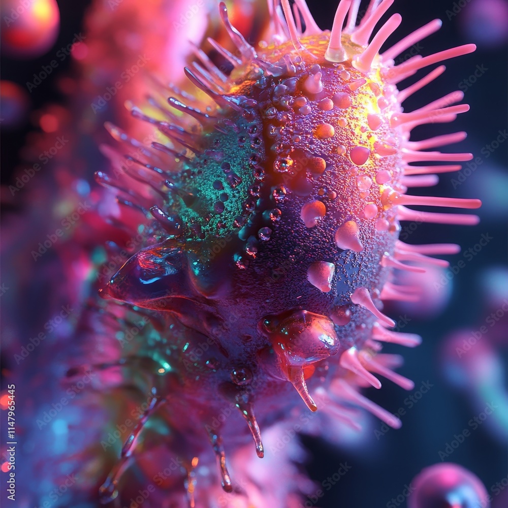 Poster close-up view of a colorful microorganism with vibrant textures and bubbles in a dark environment at