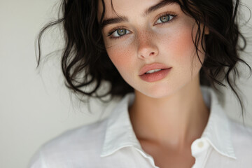 Naklejka premium Close-up portrait of a young woman with freckles and wavy dark hair, wearing a white shirt.
