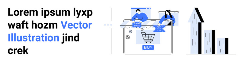 Laptop screen displays two people analyzing online shopping cart data. Bar graph represents growth. Ideal for ecommerce, online shopping, data analytics, business strategy, sales planning, market