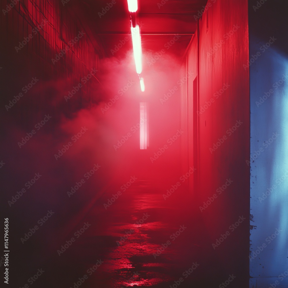 Poster mysterious corridor illuminated by red and blue lights with fog creating an eerie atmosphere and enh