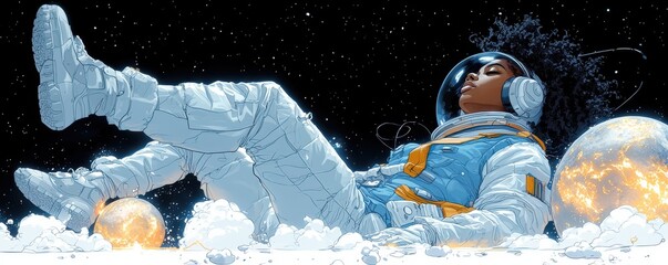 Illustration of an astronaut relaxing in space with planets in the background