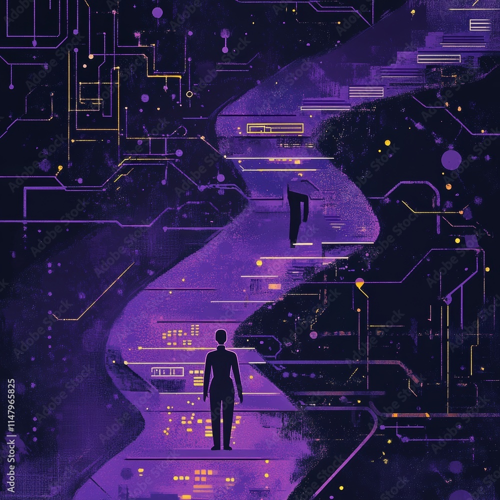 Poster digital landscapes depict figures navigating a vibrant circuit-like path through a futuristic enviro