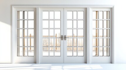 Fototapeta premium Elegant glass doors leading to a bright outdoor balcony filled with natural light.