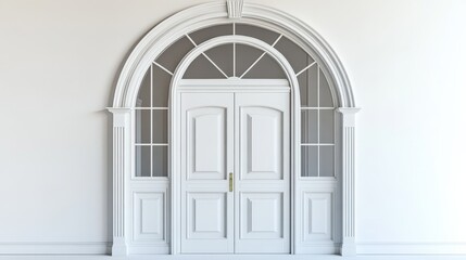 Fototapeta premium Elegant white door with arched top and glass panels in a minimalist setting.