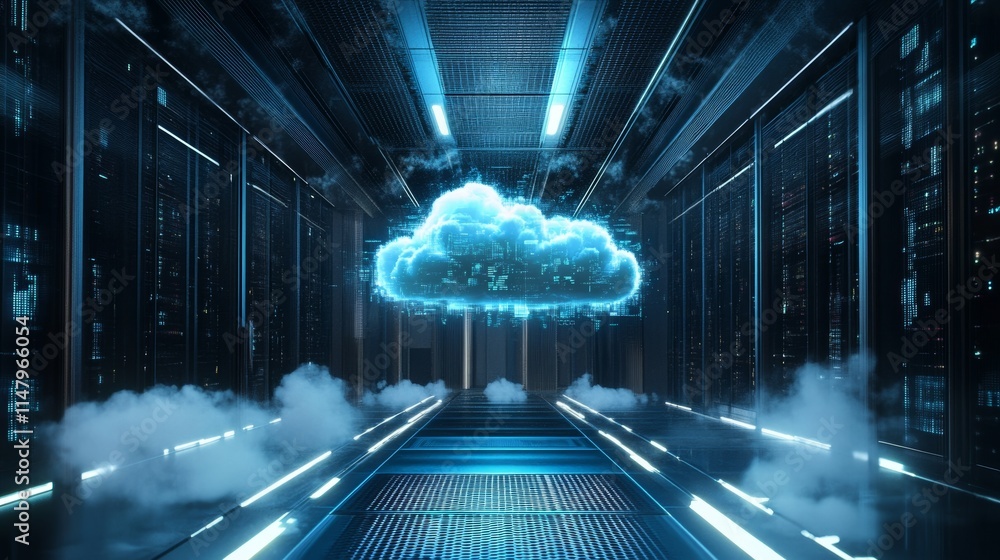 Poster digital cloud computing infrastructure in a futuristic server room with advanced technology and atmo
