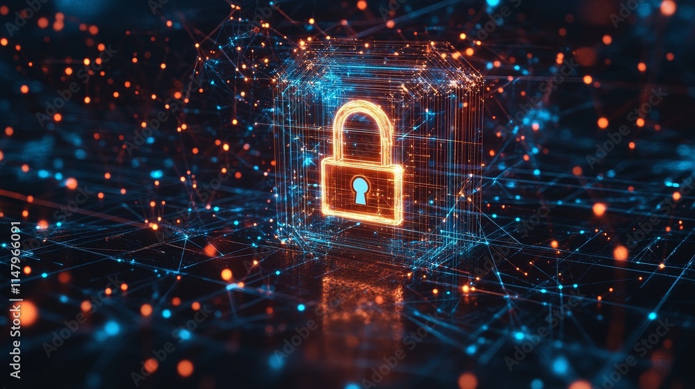Poster digital lock symbol surrounded by glowing network connections on a dark background representing cybe