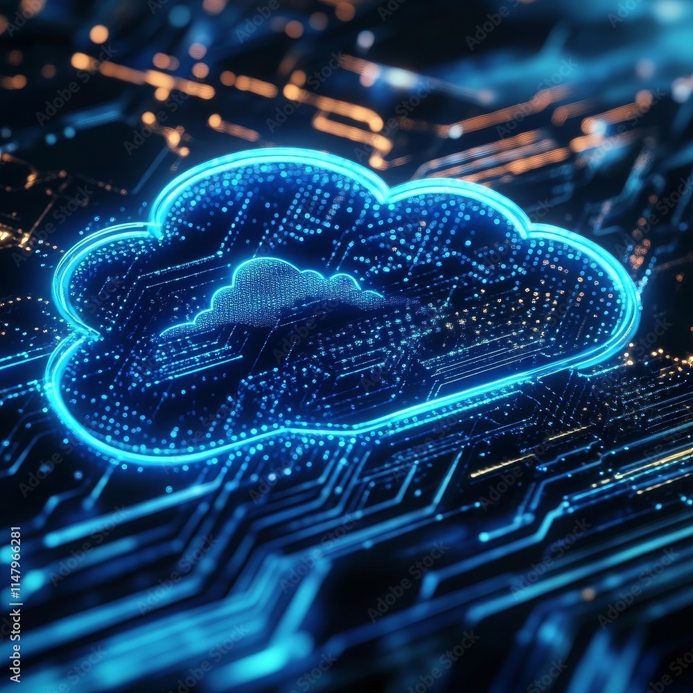 Poster digital cloud network with glowing technology elements showcasing data storage and connectivity in a
