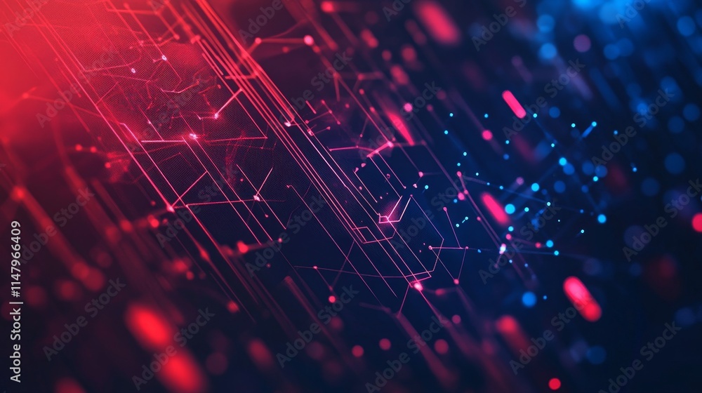 Poster colorful abstract digital background with intricate patterns and glowing lines in red and blue tones