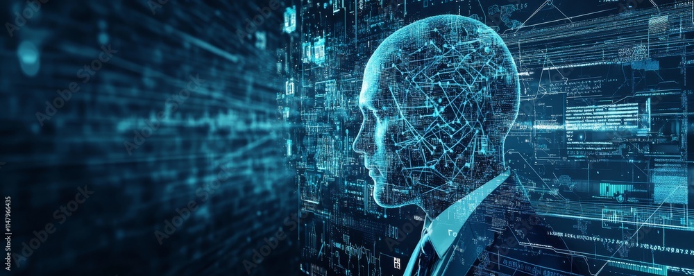 Poster digital representation of a human silhouette surrounded by abstract data visualization in a futurist