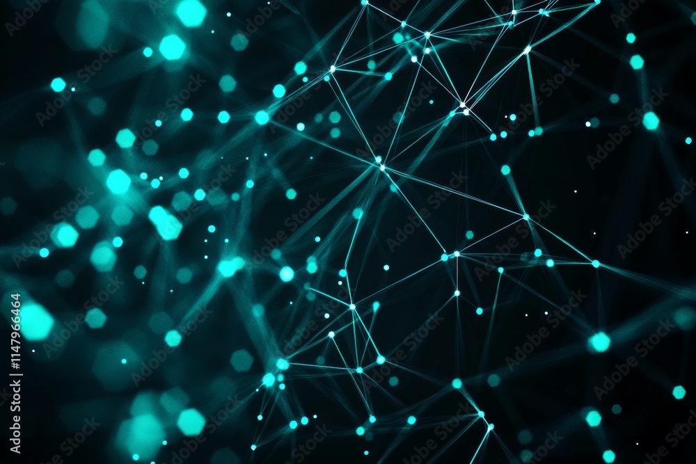Poster visualization of a digital network with glowing nodes and connections illustrating technology and da